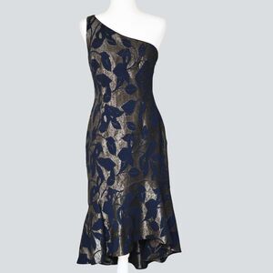 ADRIANNA PAPELL Metallic Jacquard One Shoulder High-low Cocktail Dress Size 4
